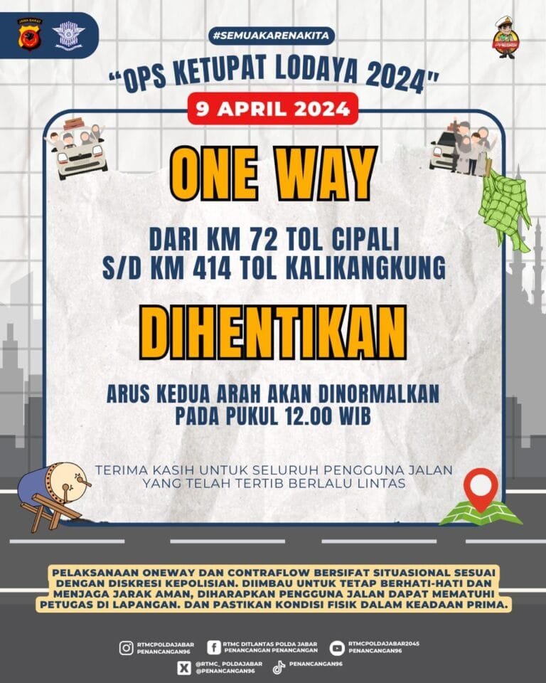 Traffic Counting Alami Penurunan, Korlantas Polri Hentikan One Way KM 72 Cipali – KM 414 Kalikangkung Siang Ini Pukul 12.00 WIB