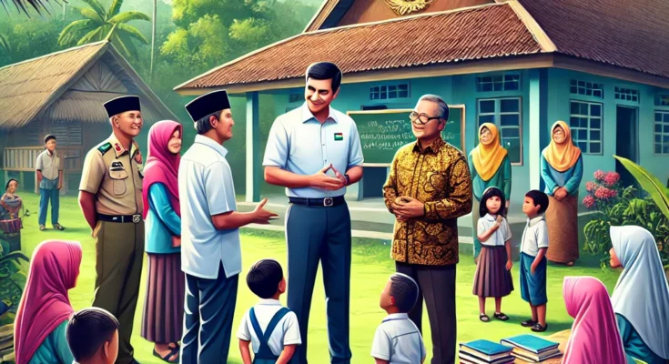 Ilustrasi kunjungan Bupati Gregorius Herkulanus Bala ke Desa Mengkirai, berinteraksi dengan masyarakat dan pemimpin pendidikan di pusat komunitas.