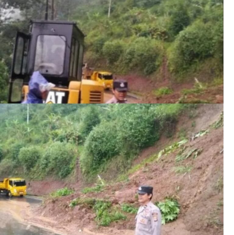 Polsek Caringin Bersama Anggota, Dan Dinas Perhubungan Bantu Bersihkan Jalan.