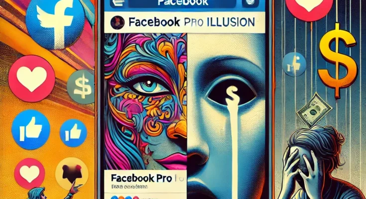 Ilustrasi satir Facebook Pro Illusion, menggambarkan perbedaan antara dunia maya yang glamor dan realitas yang penuh perjuangan