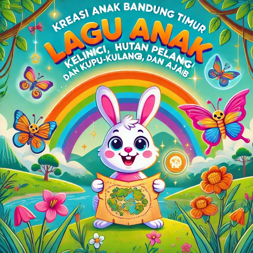 Gambar konsep 2025 untuk promosi lagu anak Kelinci, Hutan Pelangi, dan Kupu-Kupu Ajaib, menampilkan desain modern dengan karakter ceria dan elemen futuristik
