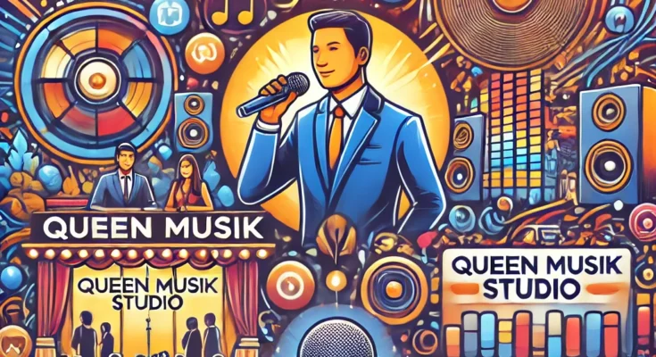 Ilustrasi profesional SiNakal Management menampilkan MC acara, Queen Musik Studio, dan elemen digital dengan ikon media sosial