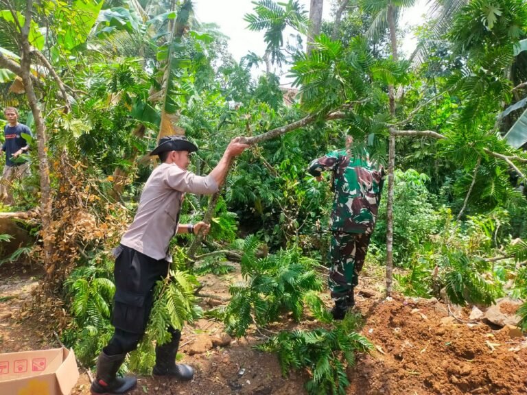 Mitigasi Bencana, Polsek Cikoneng Bersama Warga Tebang Pohon Rawan Tumbang di Cikanyere