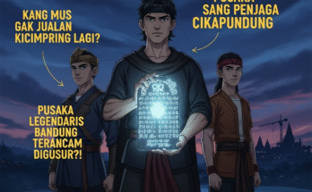 Poster animasi Preman Pensiun 10: Pusaka Sang Penjaga Cikapundung menampilkan Kang Mus memegang artefak bercahaya, Kang Murad dan Cecep, dengan tulisan hook.