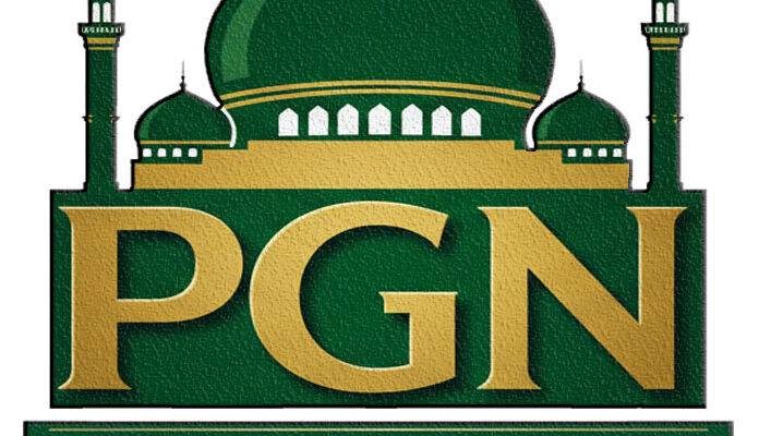 Logo resmi Persatuan Guru Ngaji Jawa Barat dalam bingkai emas dengan latar mushola desa