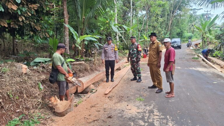 Mitigasi Bencana, Polsek Sukadana Bersama Warga Tebang Pohon Rawan Tumbang di Salakaria