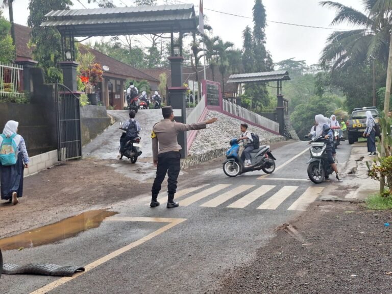 Pelayanan Masyarakat, Polsek Sukadana Polres Ciamis Bantu Anak Menyebrang di Area Sekolah