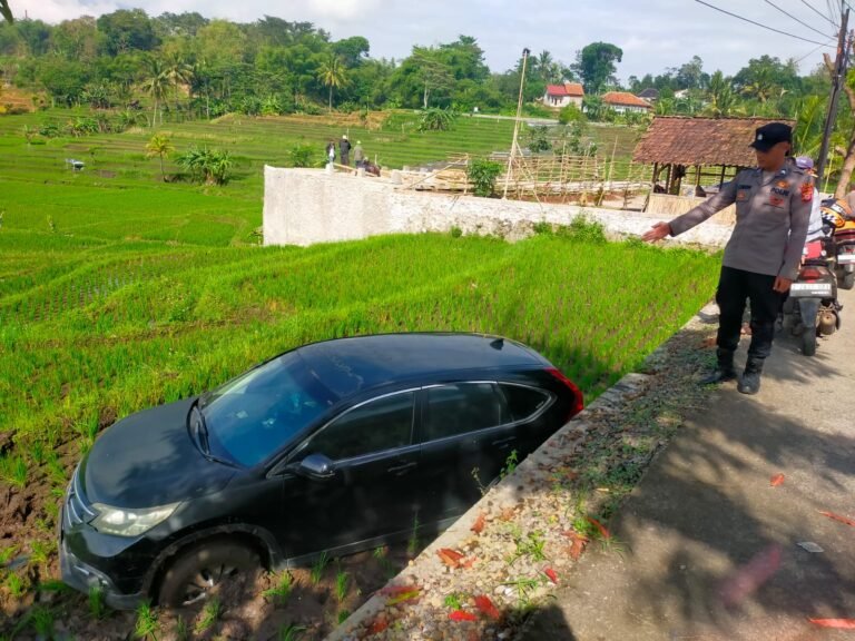 Polsek Leuwigoong Cek TKP Laka Lantas Tunggal, Kendaraan Honda CR-V Masuk Sawah