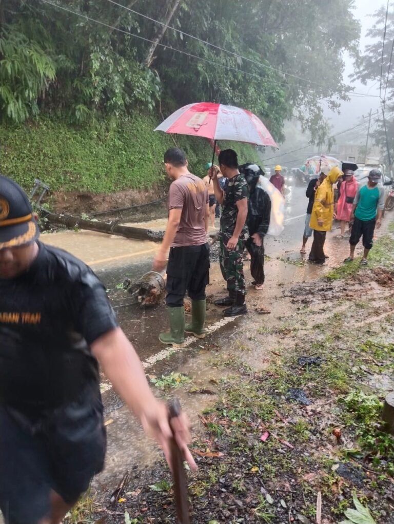 Polsek Cisompet Evakuasi Tanah Longsor dan Tiang Listrik Tumbang di Jalan Raya Garut–Cisompet
