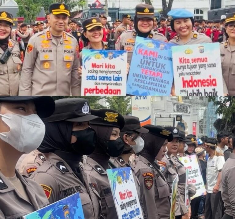 Polwan Polda Sumut Secara Humanis Lakukan Pengamanan Aksi Unjuk Rasa di Kantor Gubernur
