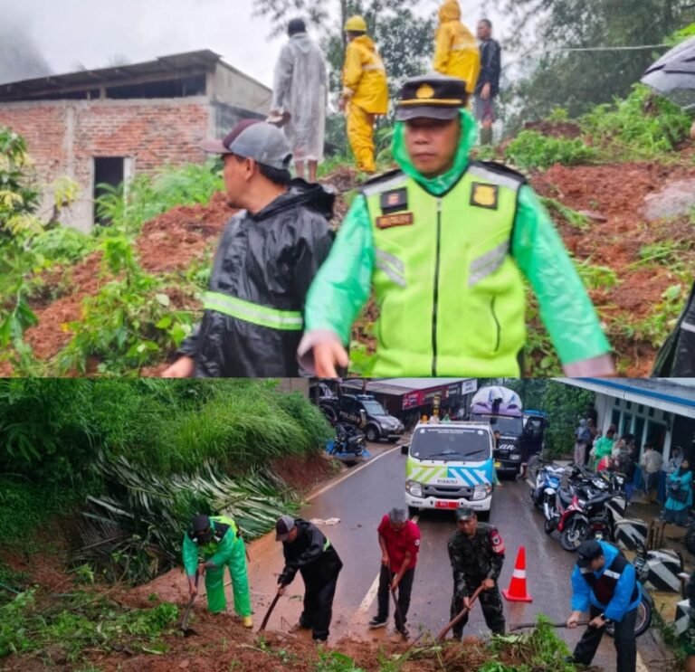 Polsek Pakenjeng Cek TKP Tanah Longsor di Jalan Raya Pakenjeng–Bungbulang