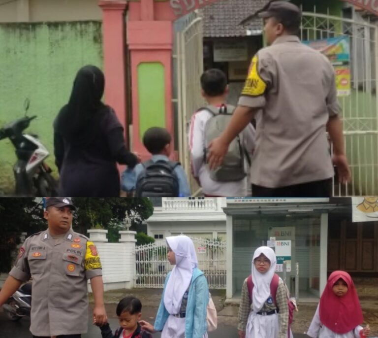 Giat Pengaturan Lalu Lintas, Polsek Samarang Bantu Penyebrangan Anak Sekolah