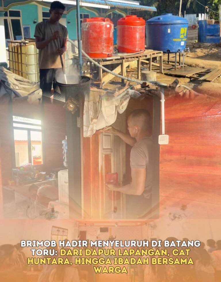 Brimob Hadir Menyeluruh di Batang Toru: Dari Dapur Lapangan, Cat Huntara, hingga Ibadah Bersama Warga