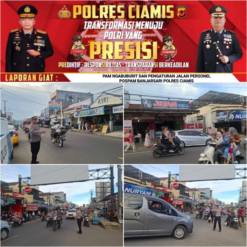 Personel Polri Bersiaga Beri Pengamanan Saat Waktu Ngabuburit di Area Alun Alun Banjarsari