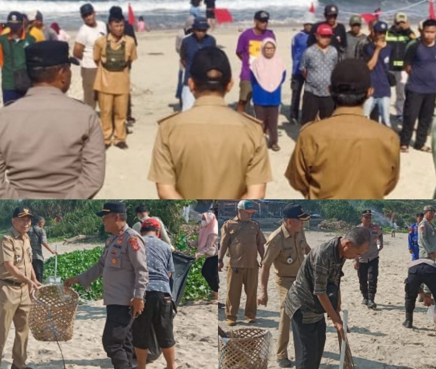 Peduli Lingkungan, Satpolairud Polres Garut Dan Polsek Wilayah Garut Selatan Bersama Warga Bersih-Bersih Pantai Pasca Libur Lebaran