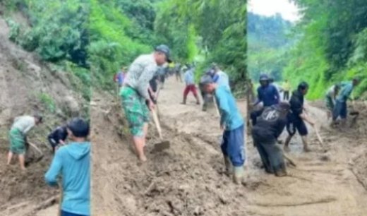 Hujan Yang Tinggi Mengakibatkan Jalan Longsor, Warga Dan Babinsa Bahu-Membahu Buka Akses Jalan