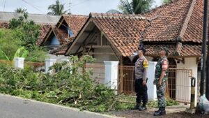 Mitigasi Bencana, Polsek Cijeungjing dan Warga Pamalayan Pangkas Pohon di Jalan Raya Nasional