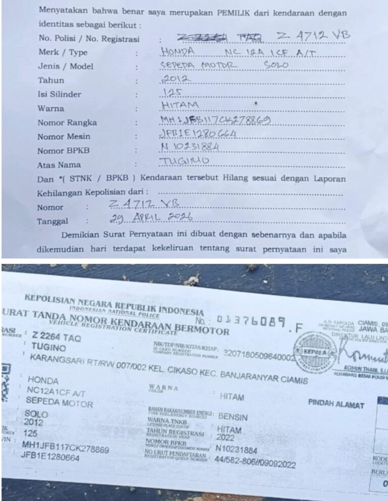 Telah Kehilangan Berupa Surat Kendaraan Bermotor STNK Atas Nama Tugino